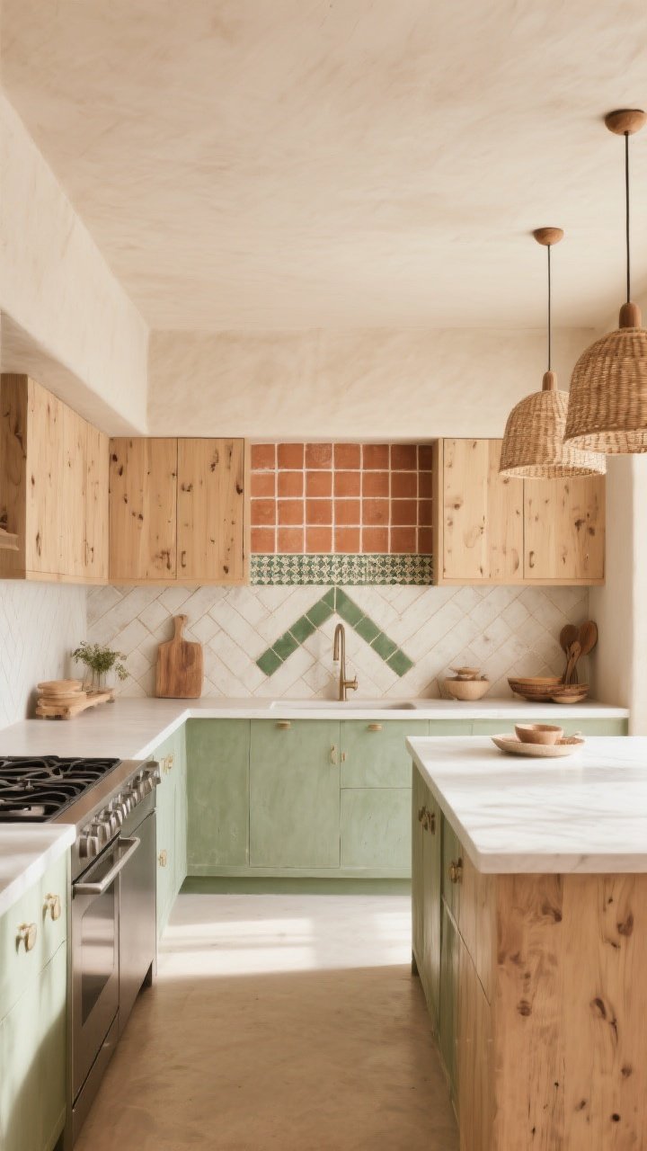 Wide kitchen shot in desert neutrals: matte terracotta square backsplash tiles with a soft whitewashed grout for a sun-faded look; sage zellige accent strip in a small herringbone panel; natural wood cabinetry and woven pendant lights add warmth; soft green, sand, and clay tones throughout; stainless appliances tempered by cozy palette; gentle afternoon light enhances earthy textures.