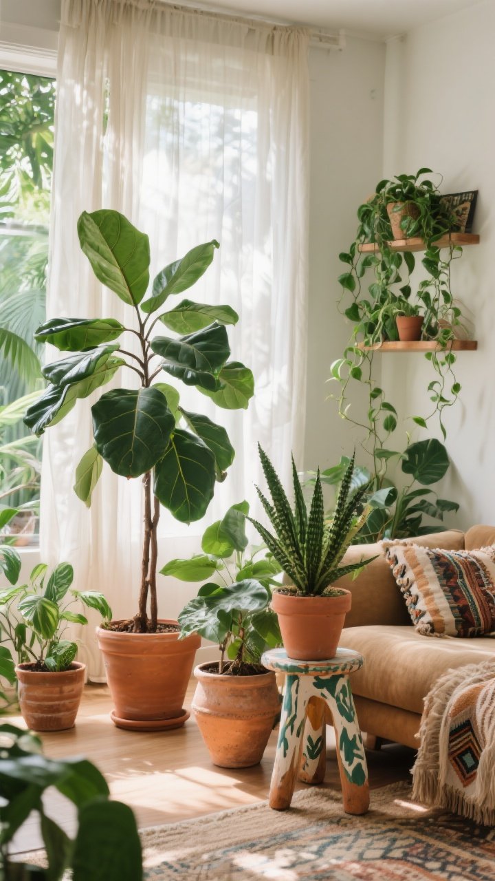 Wide living room scene styled as an indoor jungle: clusters of plants at varied heights—floor-standing rubber plant and fiddle leaf fig in terracotta pots for height, pothos trailing from a wall shelf, and a ZZ plant on a stool; hand-painted ceramic planters mixed with plain terracotta; arranged in odd-number groupings for a styled-but-chill look; bright indirect daylight filtering through sheer curtains, highlighting lush green leaves; earthy, relaxed boho decor in the background; no people, photorealistic.
