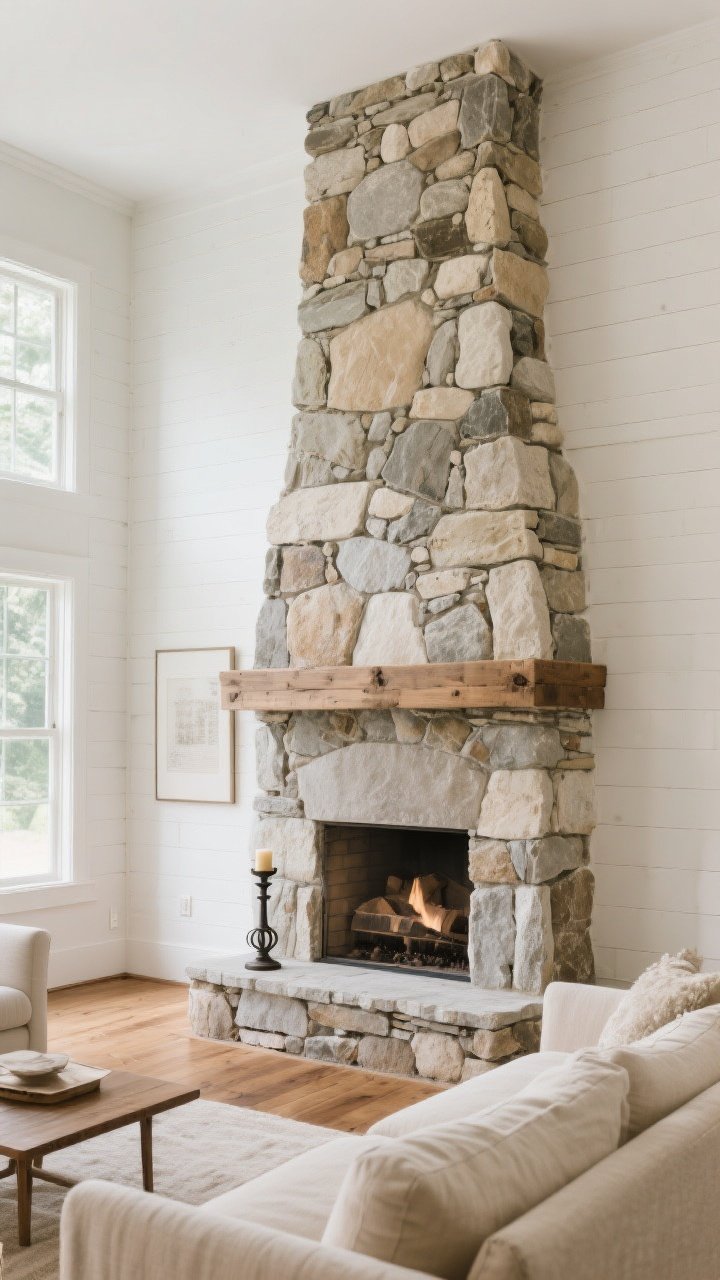 Wide living room shot: a floor-to-ceiling stone fireplace surround in a modern farmhouse, with options expressed by texture—chunky fieldstone blocks transitioning to stacked stone bands and a smoother limestone upper section—topped by a simple reclaimed wood beam mantle. Neutral palette in creams, beiges, and soft grays; white shiplap walls, warm oak floors, linen sofa. Natural daylight streams from tall windows, emphasizing stone texture. No artwork on the mantle, just a single iron candleholder. Photorealistic, corner angle capturing the full-height chimney stack as the focal point.