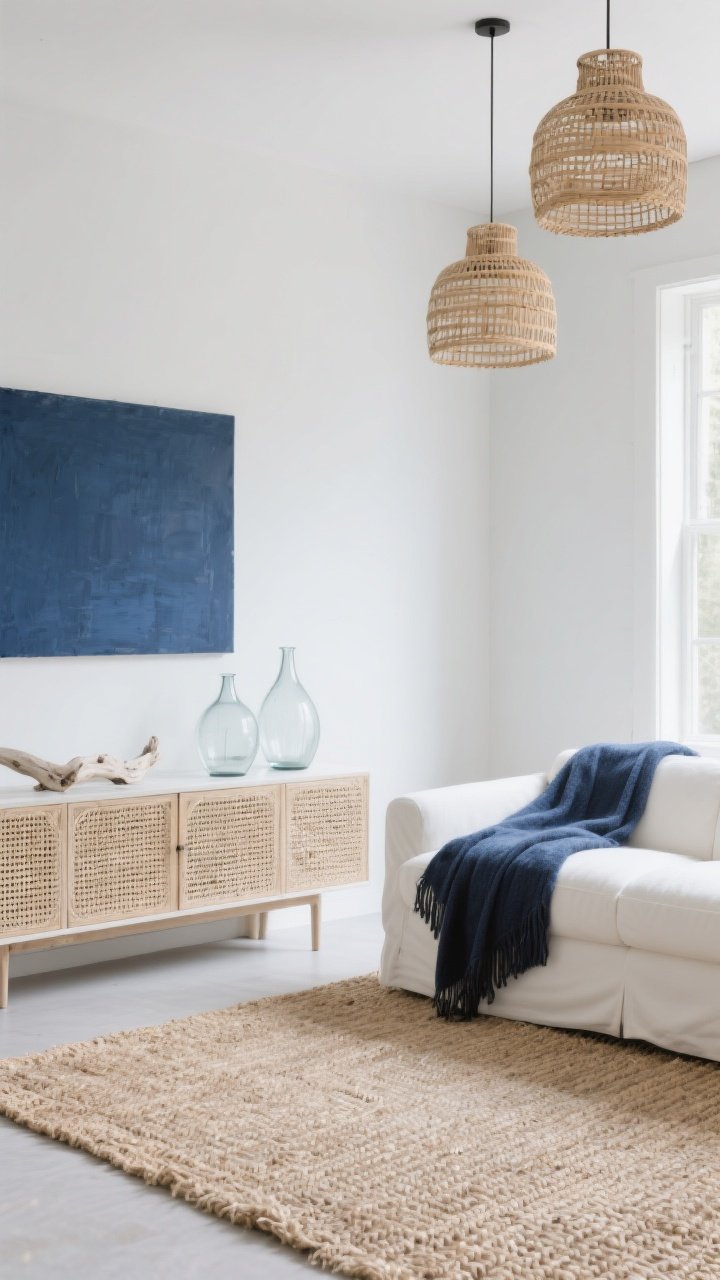 Wide minimalist living area with woven layers: soft white or pale greige walls (cool undertone), seagrass or sisal rug, rattan pendant lights overhead, cane-front storage cabinet, a single oversized navy artwork on the wall and one navy throw on a white sofa, clear glass vases and bleached driftwood on a simple console, restrained decor and clean lines, serene natural daylight; photorealistic, no people.
