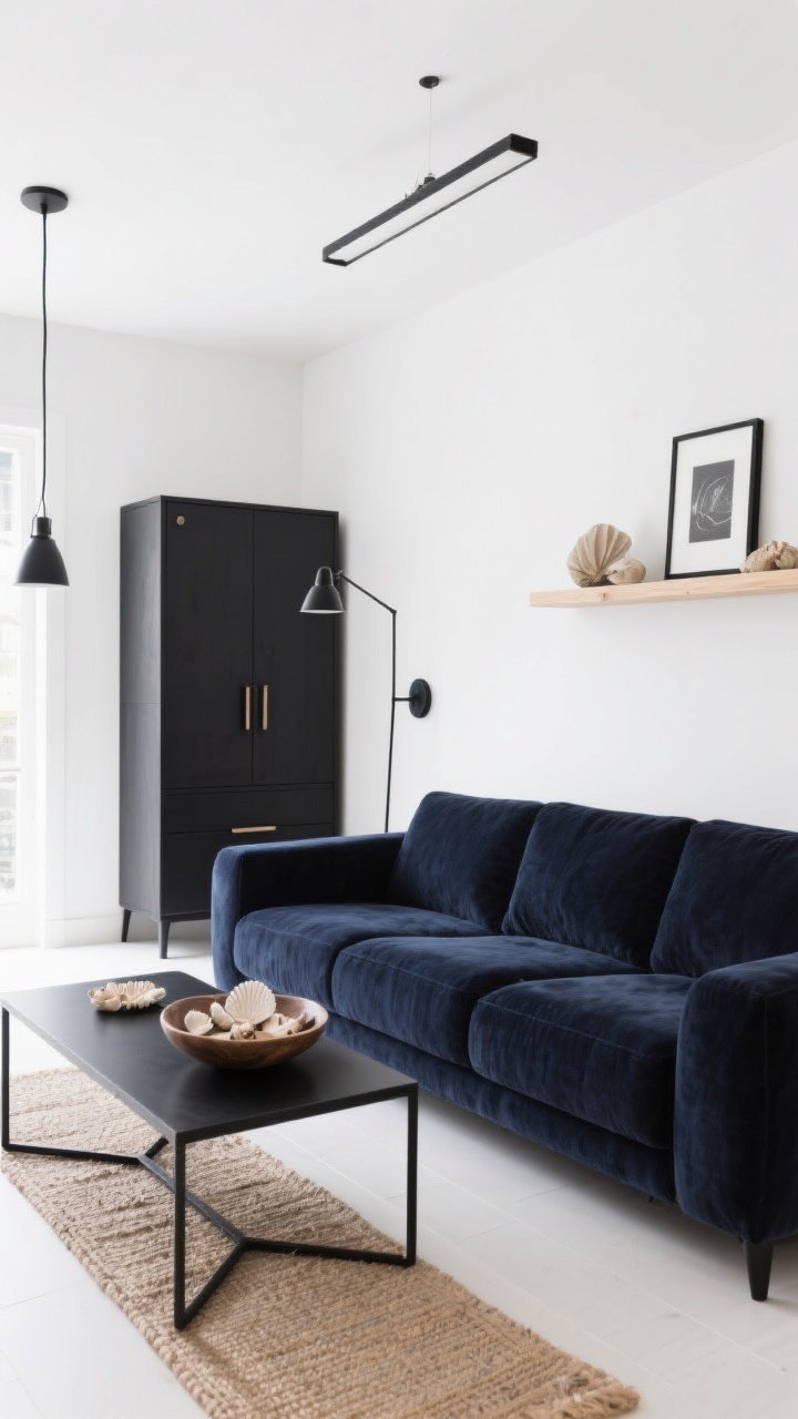 Wide modern maritime living room with matte black accents: clean cool white walls, navy velvet or performance-linen sofa as the anchor, black metal coffee table with crisp geometry, matte black sconces or a linear pendant, repeat black in frames and cabinet pulls, natural touches like a jute runner and pale oak shelves, a curated bowl of shells; cool, contemporary mood with even daylight; photorealistic, no people.