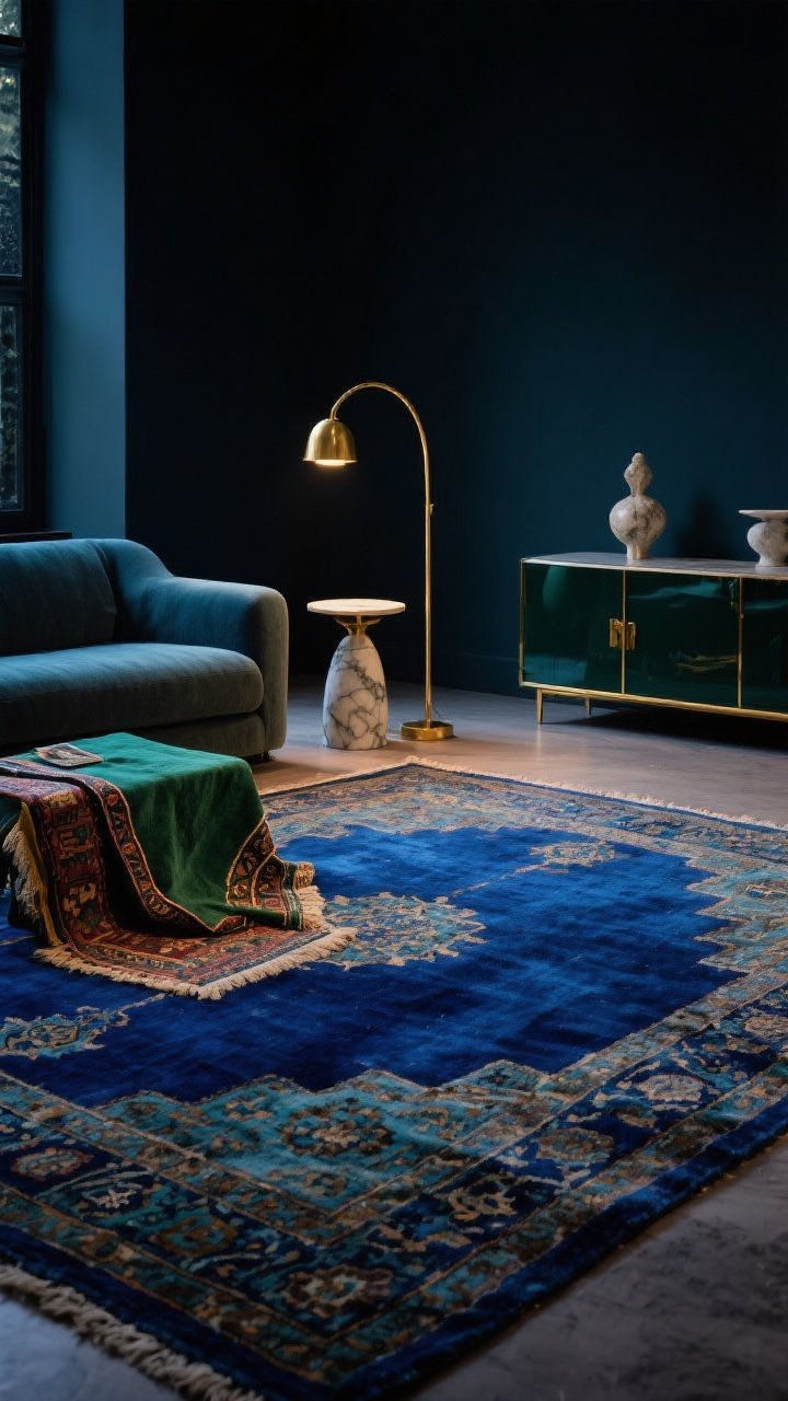 Wide, moody living room shot: A jewel-tone overdyed Persian-style rug in saturated sapphire with traditional motifs peeking through faded areas for layered depth. Brass accents—arc floor lamp and side table—complement the rug’s warm undertones. A smaller kilim in a contrasting emerald is layered partially on top for extra texture. Marble objet and lacquered cabinet play nicely with the mix. Dimmed evening lighting creates a smoldering glow, enhancing the rug’s richness.