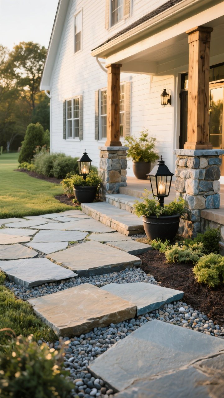 Wide outdoor scene: a farmhouse backyard with an irregular flagstone patio (soft gray-tan) leading to stone steppers set in pea gravel forming a garden path. Stone-wrapped porch pillar bases support wood posts; black metal lanterns and large planters with greenery flank the porch. Bluestone accents add a clean, classic touch. Golden-hour lighting warms the stone; a white clapboard exterior ties inside-outside seamlessly. Photorealistic, slightly elevated corner angle.