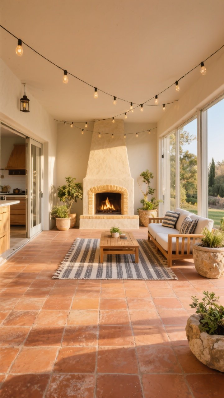 Wide patio/sunroom shot from a straight-on perspective: Outdoor-rated terracotta tiles with a lightly textured, slip-resistant surface continuing seamlessly from an adjacent kitchen threshold. Styling includes stripey outdoor rugs, teak lounge furniture, stone planters with Mediterranean greenery, string lights overhead, and a simple plaster fireplace surround. Golden late-afternoon light creating an inviting indoor-outdoor flow; durable outdoor sealer gives a subtle protective finish, photorealistic, no people.