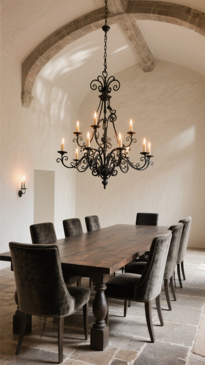 Wide room shot: A grand dining room with light plaster walls and high ceilings anchored by a large wrought iron chandelier with sweeping arms and candle-style bulbs, hung 30–36 inches above a long dark wood dining table; matte black finish on the chandelier, optional oil-rubbed bronze variation visible in subtle patina highlights; warm 2200–2700K LED “flame” bulbs on a dimmer casting soft, layered shadows; contrast of iron against pale ceiling creates a gothic snap; forged scrollwork details without excessive ornament; modern furniture mix with velvet dining chairs; shadows pooling across a stone floor; no people, photorealistic, corner angle showing scale and drama.