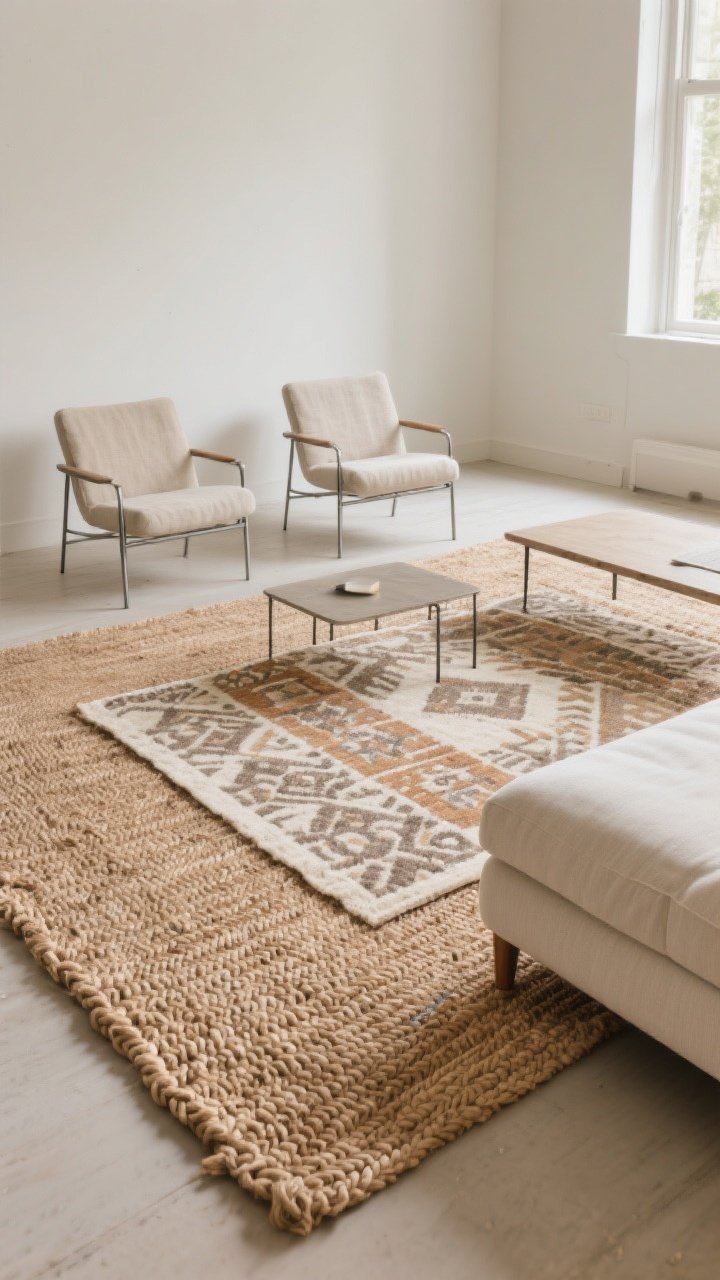 Wide room shot: A serene living room anchored by an oversized natural fiber jute rug with a chunky weave, front legs of a linen sofa and sleek metal-legged armchairs placed on the rug “chef’s kiss” style. Layer a smaller patterned kilim rug centered atop the jute for softness and style. Neutral, earthy palette in sand, oat, taupe, and warm white; the rug’s warm tan tones subtly pull the furniture together. Balance texture with sleek, minimal furniture and a low-profile coffee table. Soft natural daylight filters in, highlighting the rug’s texture; include a slim rug pad edge barely visible at one corner. Photorealistic, straight-on perspective emphasizing the grounding effect of natural fibers.