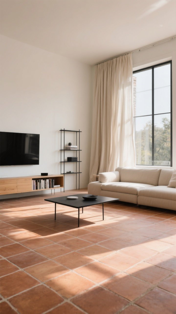 Wide room shot: A sun-drenched modern living room with classic square terracotta floor tiles in a matte/honed finish, oversized 18x18 squares with minimal grout lines, off-white walls, black metal accents (sleek coffee table and slim bookshelf), light oak furniture with clean lines, and airy linen drapes billowing slightly. Warm, earthy palette with beige, cream, charcoal, and black accents; natural afternoon light emphasizing the soft variation and texture of the tiles, photorealistic, no people.