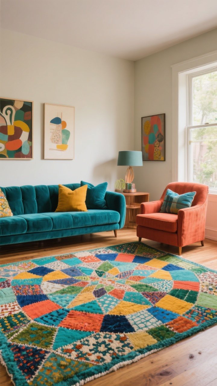 Wide room shot: A vibrant living room anchored by a kaleidoscope patchwork rug composed of small-scale patches in teal, paprika, marigold, cobalt, and forest green, stitching together eclectic motifs. Solid but saturated upholstery includes a teal velvet sofa and a paprika linen armchair. Repeat two to three key colors in pillows and wall art. Natural daylight from a side window, neutral walls, and warm wood accents. The overall mood is eclectic yet cohesive, with the rug’s built-in layering providing visual depth and disguising scuffs and spills.