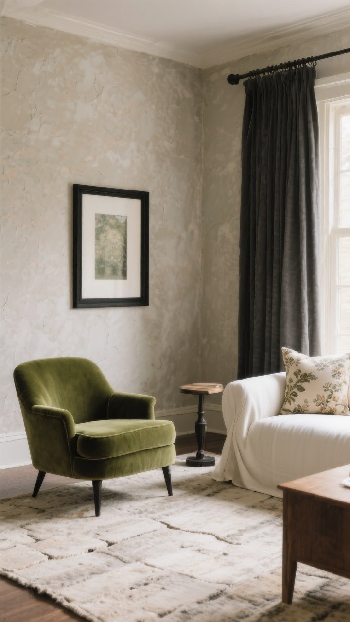Wide room shot from a corner angle: An earthy, soft palette living room with putty/greige textured walls, creamy white slipcovered sofa, mossy green olive velvet accent chair as the moody contrast, and smoky charcoal linen curtains. A pale stone rug anchors the space with matte soft-black accents repeated in frames, a small side table, and curtain rods. Limewashed wall finish adds movement. Styling includes vintage floral pillows in muted tones on the sofa. Warm, diffused daylight; avoid bright, stark whites.