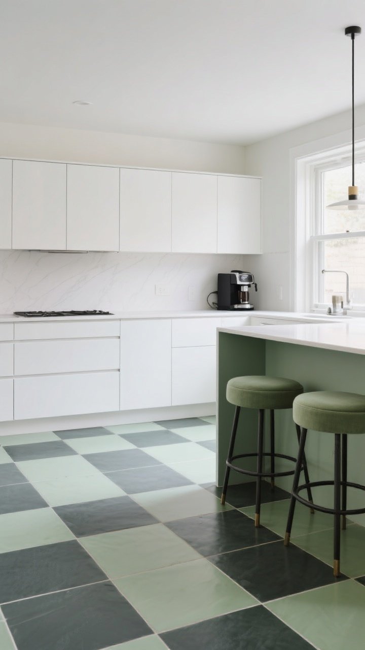 Wide room shot, modern kitchen with large-scale checkerboard floor in sage and charcoal 8x8 tiles, the pattern runs from the floor up the toe kick of the base cabinets; matte white flat-front cabinetry, a charcoal espresso machine on the counter, and bar stools upholstered to repeat the sage tone; clean, contemporary styling with minimal decor, natural daylight from a window, straight-on perspective, photorealistic, calm designer feel.