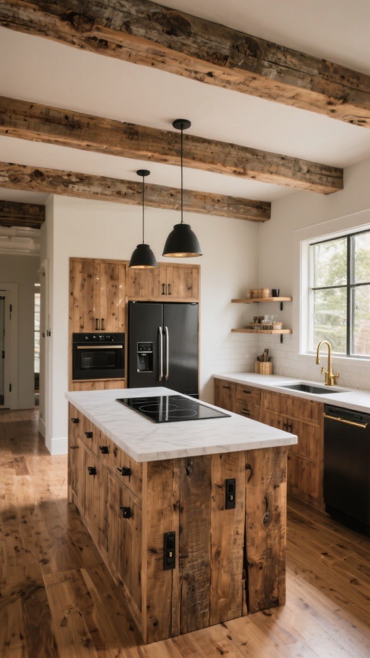 Wide room shot of a rustic-meets-modern farmhouse kitchen: exposed oak ceiling beams, a distressed reclaimed-wood island with matte black hardware, warm wood floors echoing the beam tone, panel-ready fridge and integrated dishwasher hidden behind wood panels, a flush induction cooktop centered on the island, discreet countertop pop-up outlets, warm metals (brushed brass and matte black) mixed subtly, soft natural daylight with a warm tone; composition emphasizes the balanced tension between old-world wood and sleek tech, straight-on perspective, photorealistic.