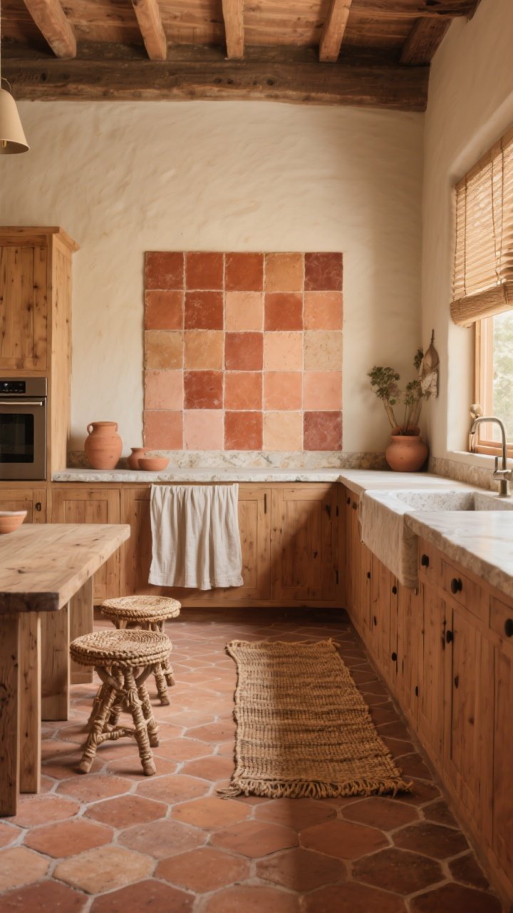 Wide room shot of a warm, earthy kitchen featuring terracotta and clay tiles: a square terracotta backsplash in varied tones (rust, sand, clay, whisper of peach) with visible handmade texture, paired with a hex-pattern clay tile floor; natural wood cabinetry, stone countertops, a vintage woven runner, linen Roman shades, and woven stools enhancing the organic vibe; surfaces sealed and softly matte; golden-hour natural light, photorealistic.
