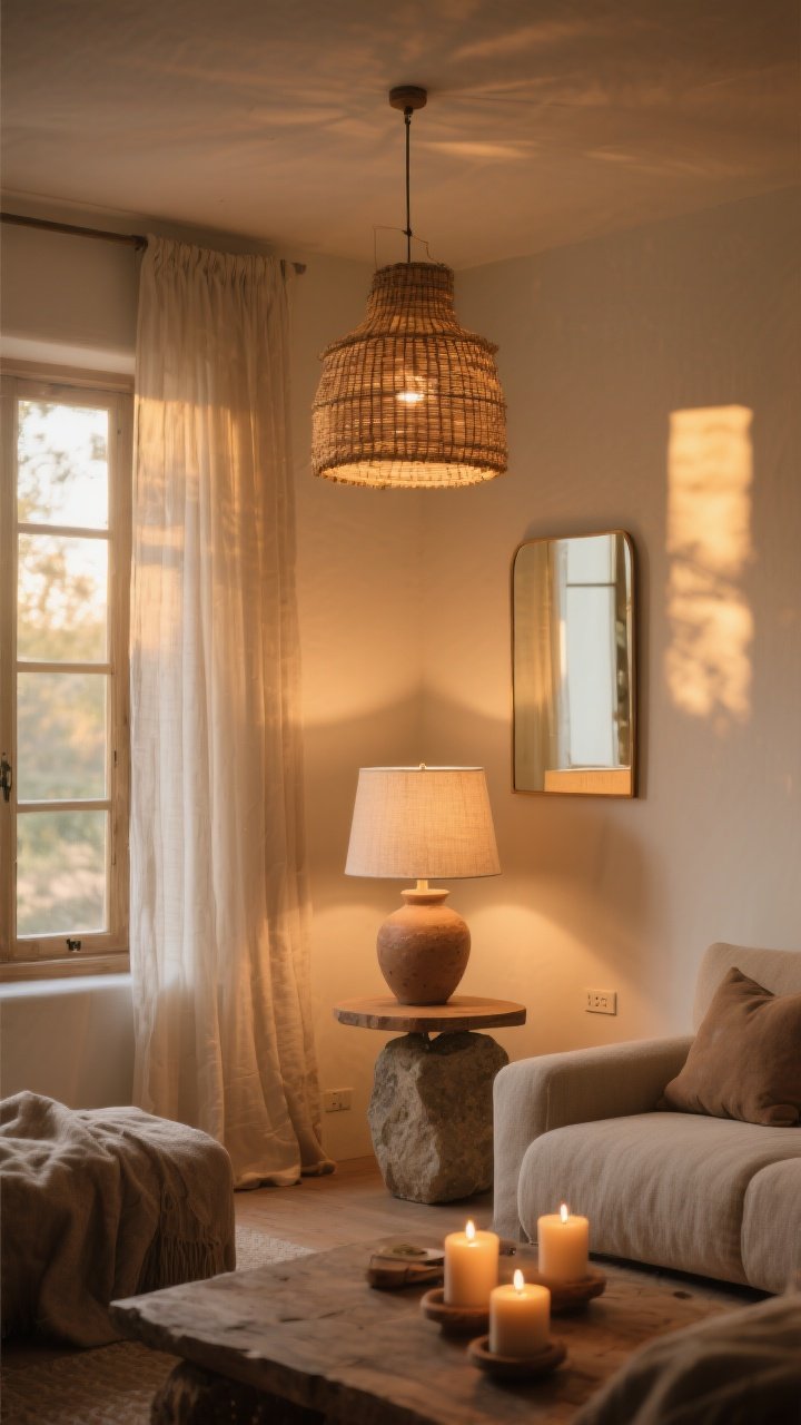 Wide room shot: Warm, layered earthy lighting in a living space at golden-hour ambience—ambient rattan pendant overhead, a ceramic table lamp with a linen shade for task lighting on a side table, and stone or clay candleholders glowing as accent light. Bulbs set to 2700K–3000K for a soft, flattering glow; dimmer set low for evening serenity. Sheer linen curtains filter natural light; a mirror opposite the window subtly bounces the remaining daylight off light walls. Include hints of natural materials in the scene but keep focus on the lighting layers. Straight-on composition capturing the cohesive, calm mood.
