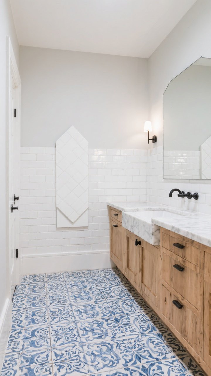 Wide shot: A balanced blend of old-world and modern—ornate blue-and-white encaustic patterned floor paired with sleek matte white stacked subway tiles on the walls. Honed marble countertop softens the contrast at the backsplash, and an elongated hex accent in matte white appears on a small feature panel. Consistent matte finishes unify styles. Neutral oak vanity and black pulls. Soft daylight plus gentle sconces. Corner perspective to showcase floor-to-wall dialogue.