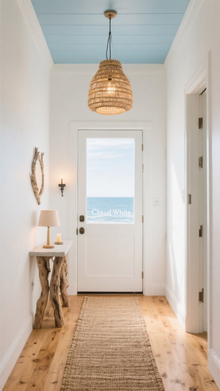 Wide shot: A bright coastal entryway with walls painted in warm white “Cloud White,” a whisper-blue ceiling, and natural light flooding in. Honey-toned natural wood flooring with a durable flatweave indoor/outdoor runner layered on top. Overhead, a woven rattan pendant casts warm 2700–3000K light. A small console holds a petite table lamp and a single candle sconce on the wall adds evening glow. The overall palette includes sandy beige, ultra-soft blue accents, and driftwood tones; no people, photorealistic, airy mood.