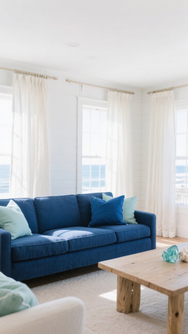 Wide shot: A bright living room anchored in ocean blues—navy linen sofa with crisp white walls and trim, airy light-linen curtain panels billowing slightly, a sea-glass and indigo pillow mix with a couple of seafoam/sage accents, sandy-neutral oak coffee table, soft morning natural light streaming in, no heavy drapes, overall breezy coastal mood.
