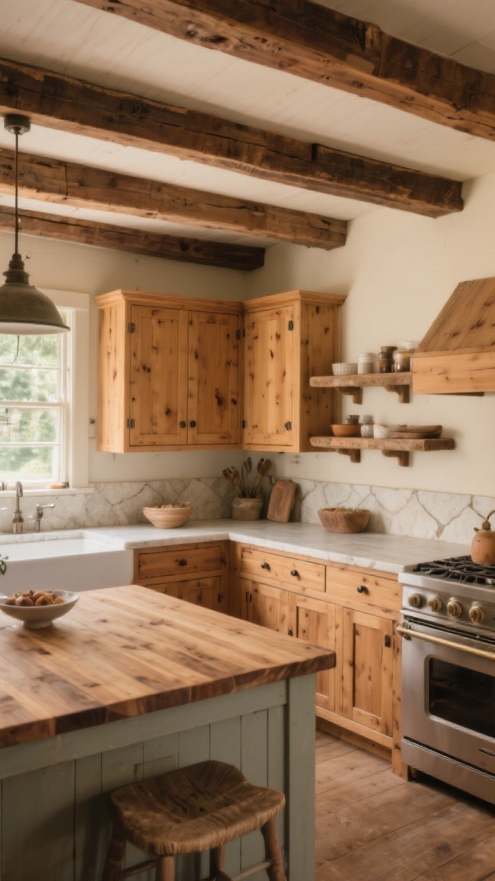 Wide shot: A cozy farm cottage kitchen featuring warm woods, with Shaker-style cabinet fronts in honey oak, a butcher-block island top paired with pale stone perimeter countertops, and reclaimed pine open shelves. Exposed ceiling beams in medium walnut, soft natural daylight streaming across the room. Subtle mix of warm wood tones within the same family for a lived-in feel, minimal clutter, matte finishes, and a calm earthy palette.