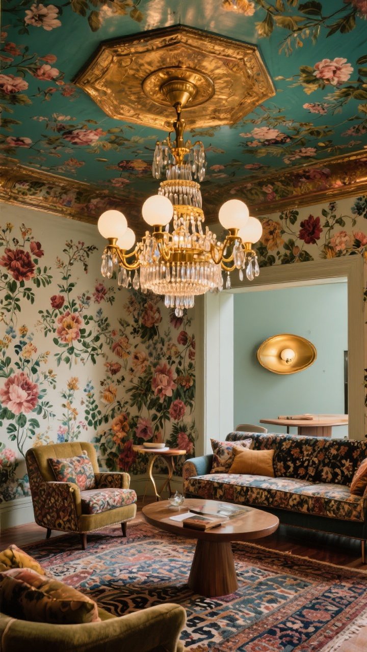 Wide shot: A jewel-box ceiling focus in a vintage maximalist living room with layered Victorian florals and mid-century curves, featuring a dramatic brass chandelier with tiered crystals on brass arms, slightly off-center above a conversation zone of patterned rugs and mixed-era seating. Low-ceiling variant visible in adjacent nook: a wide, shallow brass flush mount with milk-glass globes. Keep the chandelier rewired but with visible aged patina. Warm, sparkling illumination, asymmetrical placement, rich patterns and textures, no people, photorealistic.