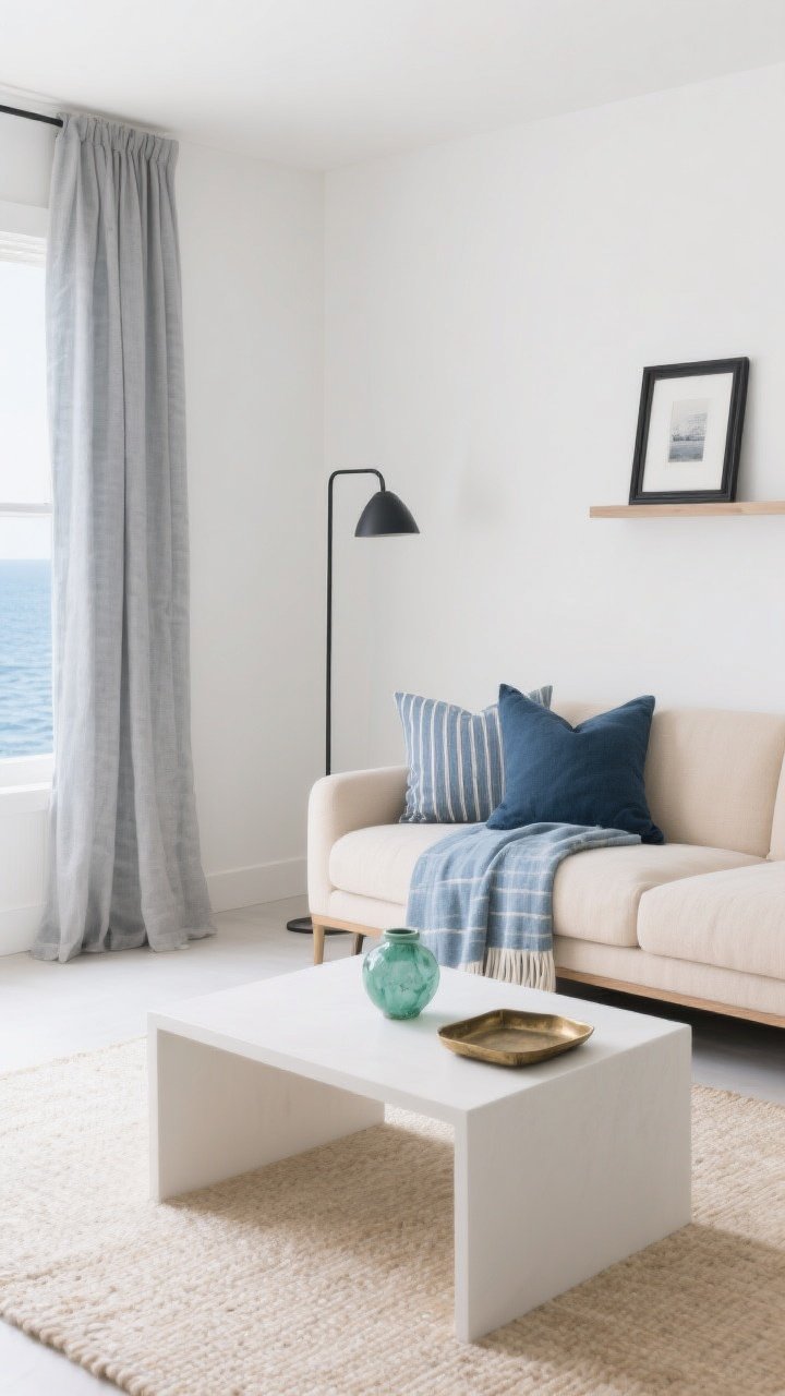 Wide shot: A minimalist living room with a calm coastal palette—soft white walls, warm beige sofa, pale oat area rug. Layered neutrals with subtle ocean hues: misty blue linen throw, two slate-blue pillows, a small sea-glass-green ceramic on a matte white coffee table. Low-contrast patterns like thin pinstripes on a pillow, micro checks on a lightweight throw. Matte finishes throughout: matte black slim floor lamp, aged brass tray used sparingly on a shelf. Tone-on-tone layers create depth, with cool gray drapery and charcoal picture frame. Soft natural daylight fills the space; no glare.