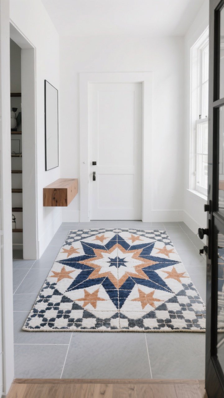 Wide shot: A modern entryway showcasing a hero patterned tile “rug effect” as the focal point—large-scale Moroccan star pattern in deep navy, warm white, and charcoal, centered like a carpet. Surrounding floor in calm solid pale gray porcelain, white walls, simple oak console. Natural daylight from a side window washes across, emphasizing the bold scale and color of the hero tile while quieter solids support it. Straight-on perspective to let the hero pattern shine.