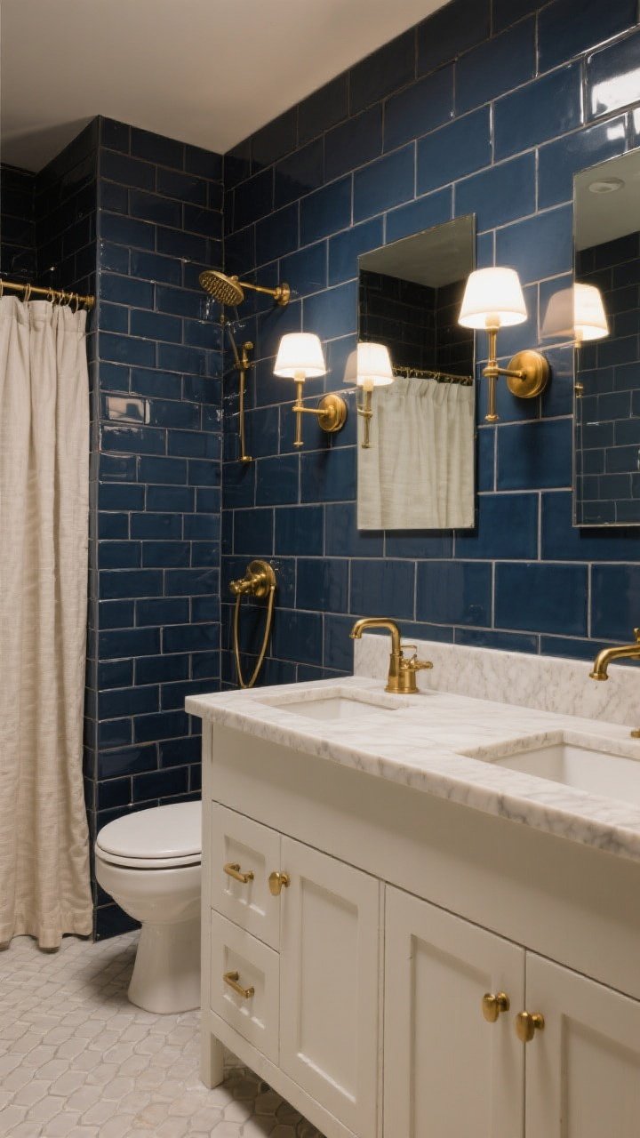 Wide shot: A small bathroom enveloped in deep navy ceramic tile walls and shower, using slim stacked subway or elongated hex tiles with medium gray grout; warm white vanity with pale stone countertop, linen shower curtain, and creamy accents; brass hardware and brushed gold faucet that glow like jewelry; two brass wall sconces flanking a mirror provide flattering side lighting (avoid overhead-only), creating a moody yet cozy, luxe atmosphere; photorealistic, straight-on view.