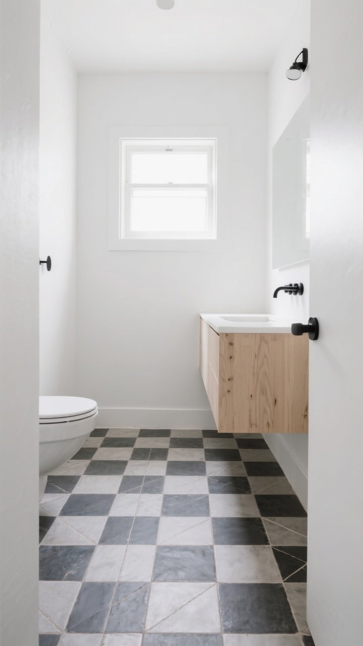 Wide shot: A small modern bathroom with crisp white walls, a simple light-wood floating vanity, and matte black hardware; the floor is the statement with 8x8 encaustic-look geometric porcelain tiles in charcoal and soft gray, laid straight (not diagonal) with light grout; natural daylight from a small window washes across the patterned floor to emphasize visual flow, while the rest of the room stays minimal and calm.