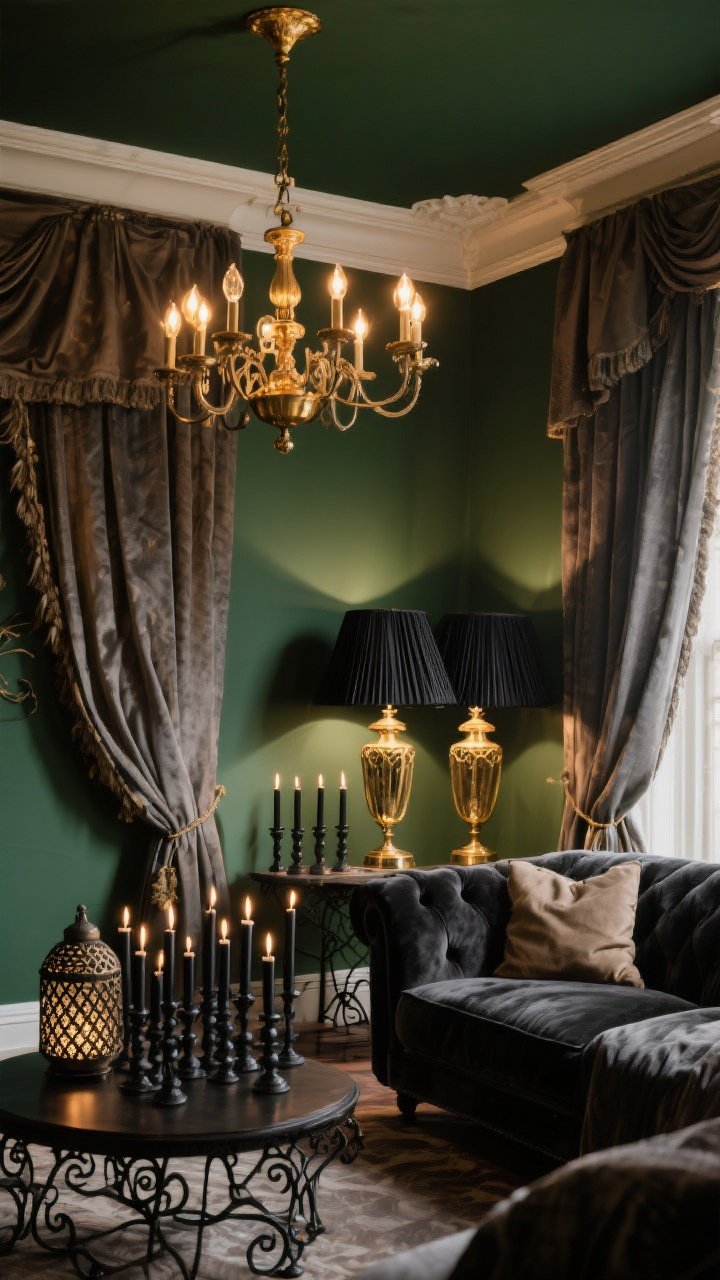 Wide shot: A whimsigoth living room with deep forest green walls and a slightly darker painted ceiling, balanced by creamy white trim and warm taupe textiles. Lighting is layered: an antique brass chandelier with warm dimmed bulbs, black silk pleated lampshades on brass table lamps, and clusters of black taper candles in blackened iron holders casting patterned shadows from a pierced metal lantern. Accents in aged gold and blackened iron, a charcoal velvet sofa, and smoky gray curtains. The mood is cozy, dramatic, and nest-like—shadow + glow balance—no people, photorealistic.