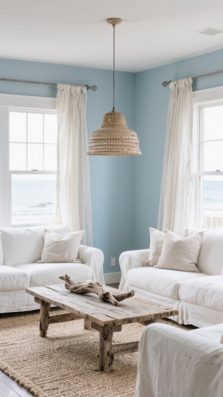 Wide shot, airy living room: soft sky-blue walls with gray undertones, white slipcovered sofas with linen throw pillows, a weathered driftwood/reclaimed wood coffee table on a light jute rug; woven pendant light overhead; linen curtains moving slightly; bright natural daylight through large windows; straight-on view, effortless coastal calm.