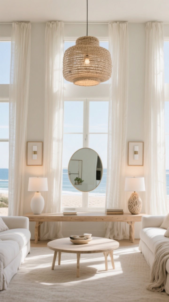 Wide shot: Airy living room where light does the heavy lifting. Sheer linen panels hung high and wide over tall windows, amplifying natural brightness. A round mirror placed directly across from a window bounces light, creating a soft beachy glow. Overhead, a textured woven pendant provides warm illumination; matching color-temperature lamps (2700–3000K) include low-profile matte white sconces flanking art and a ceramic-base table lamp with an organic silhouette. Palette remains coastal-minimal; no harsh glare.