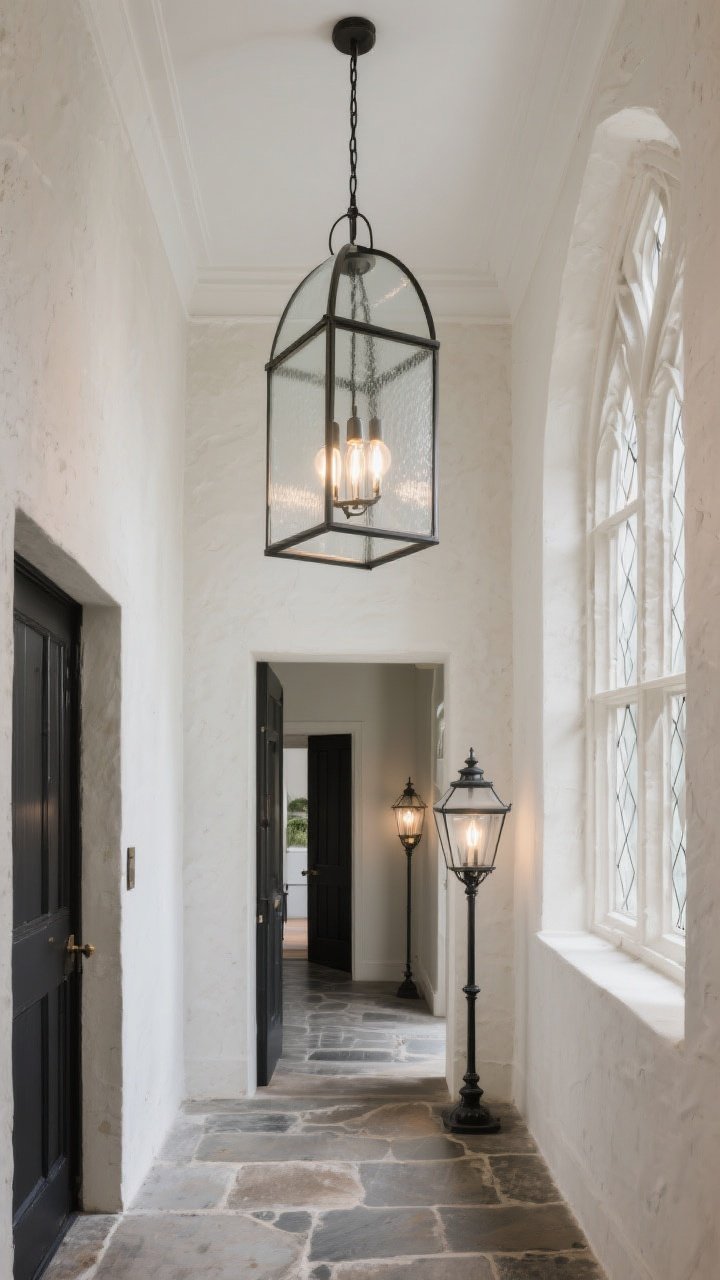 Wide shot: An entry with a tall ceiling showcasing an oversized rectangular lantern pendant with clean lines and subtle gothic-arch cage details, hung to draw the eye upward; clear glass panels for a crisp glow with torpedo/Edison-style LED bulbs visible inside; seedy glass option shown on a secondary hallway lantern in the background for a heritage vibe; dark iron finish complements stone flooring and a plastered wall; cathedral window echoes without fussy ornament; photorealistic, slight upward angle to emphasize height and architectural bones.