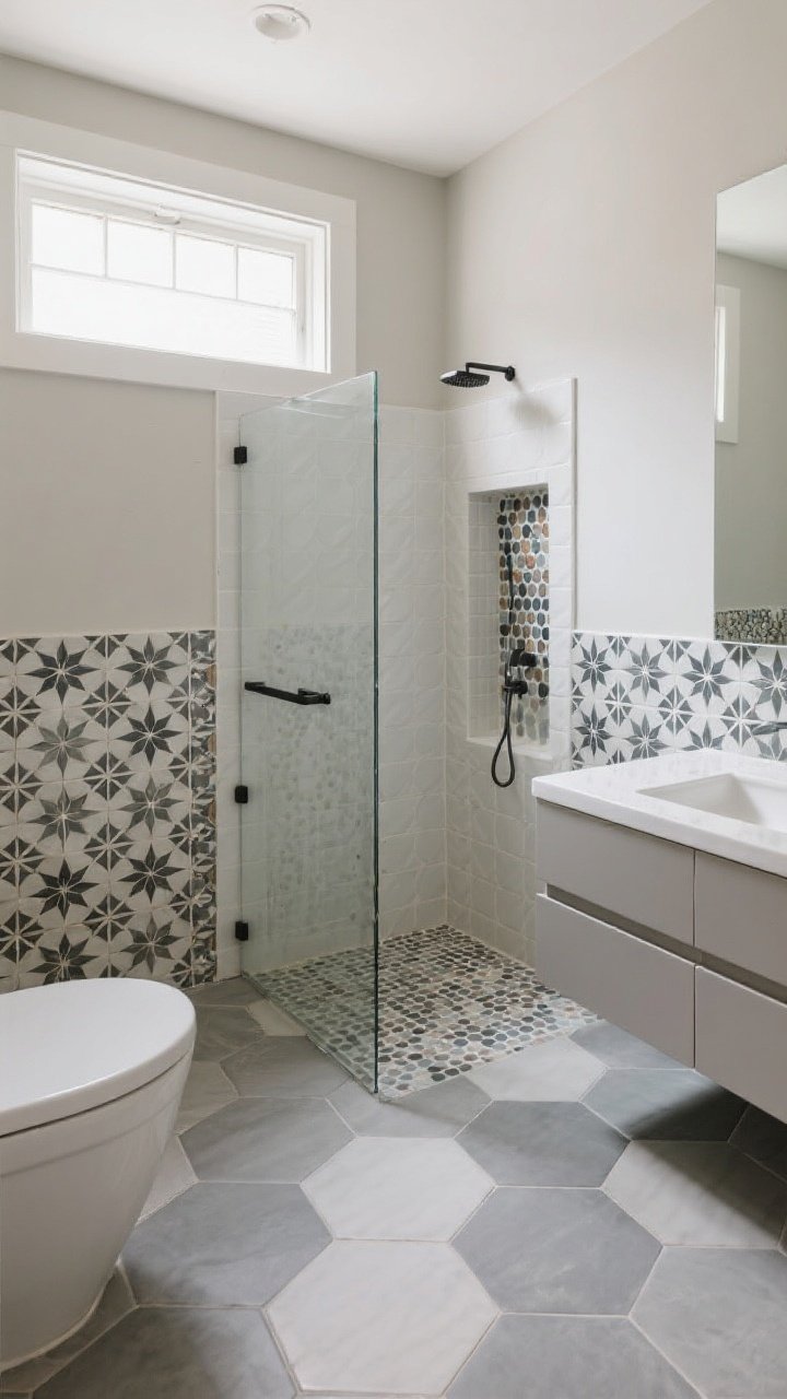 Wide shot: Bathroom that demonstrates mixed scales—large hexagon floor tiles in soft gray (large-scale), medium-scale Moroccan star-and-cross tiles on the vanity backsplash in charcoal and white, and a small-scale micro mosaic (penny rounds) inside a shower niche. Balanced, layered look with matte finishes. Neutral walls and frameless glass shower. Diffused daylight from a high window creates gentle highlights. Slight overhead corner perspective to read all three scales at once.