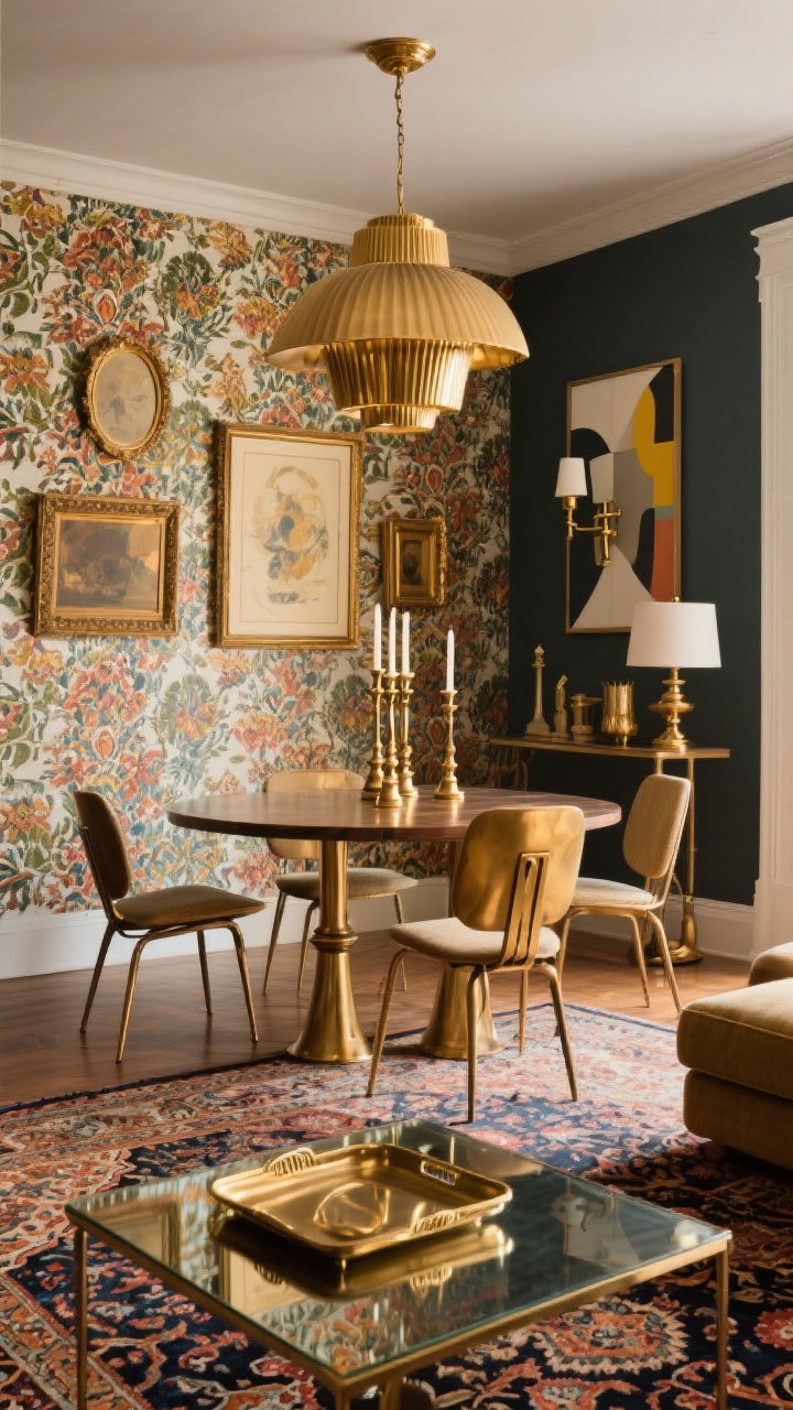 Wide shot: Blend eras with brass as the throughline. In a living-dining space, pair a Deco brass pendant centered over a table with mid-century chairs and a richly patterned Victorian Persian rug. Repeat brass tones via frames, candlesticks, and a wall sconce that connect bold wallpaper and modern art. Add a brass-and-glass tray on a coffee table mirroring the metallic finish above. Unlacquered brass echoed in hardware and a lamp base. Harmonious, layered maximalism, warm lighting, no people, photorealistic.