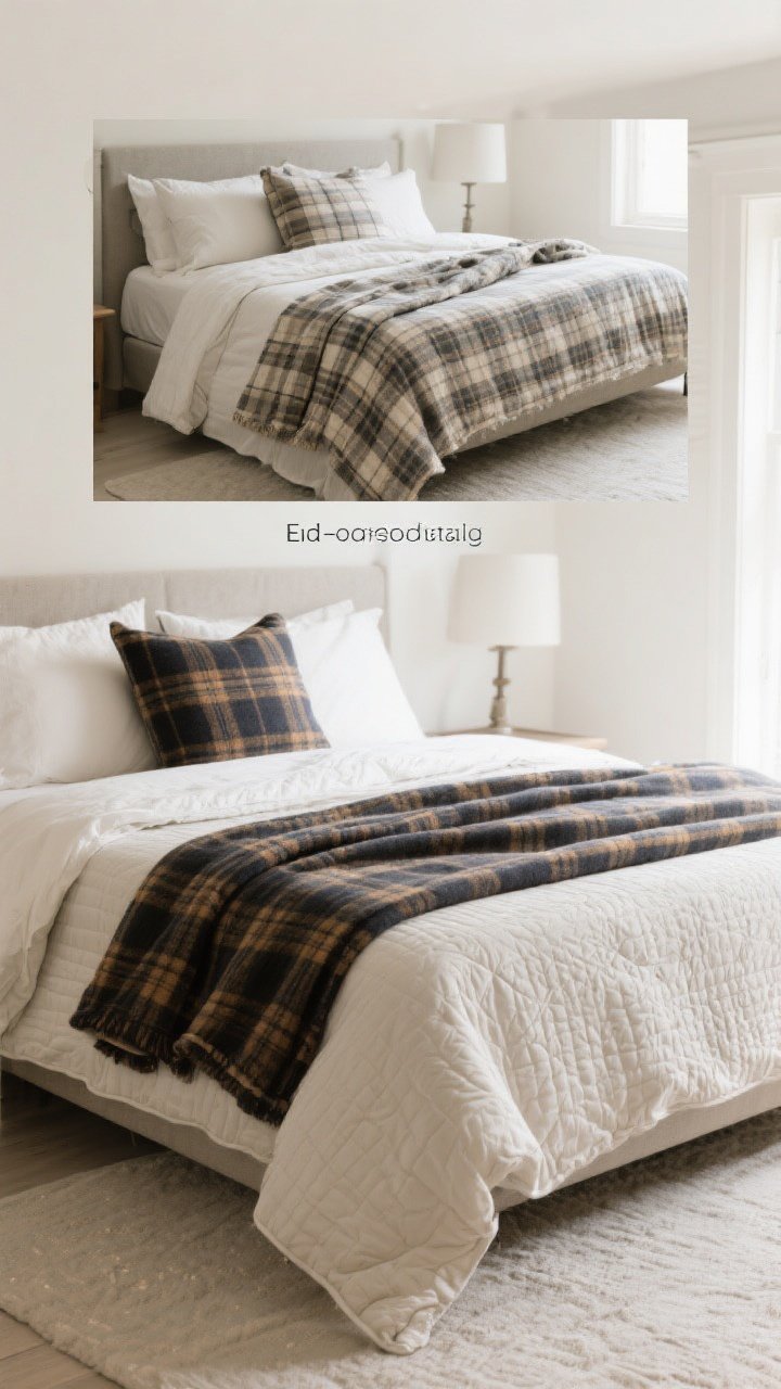 Wide shot, boutique-feel bedroom: a solid duvet bed with two plaid styling options highlighted—The End-of-Bed Fold with the blanket folded into thirds lengthwise, spanning just past mattress width at the foot, and a second frame shows The Diagonal Toss from one corner with a corner falling off the side; pattern play keeps duvet solid while plaid leads; color harmony with euro shams or a lumbar pillow echoing a plaid hue; layered lightly textured quilt beneath the plaid; seasonal variety shown: darker tartan for fall/winter and washed plaid for spring/summer; bright but soft daylight, inviting and intentional.
