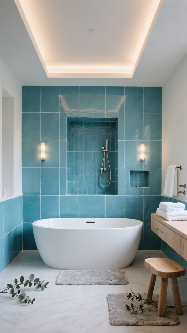 Wide shot: Boutique-spa bathroom wrapped in cerulean-to-teal large-format rectangular ceramic tiles with minimal grout lines; crisp white freestanding tub centered in front; recessed niche lined in the same blue tile but rotated for subtle interest; layered lighting with soft ambient ceiling glow, dimmable sconces, and a lit shower niche; plush white towels and a stone-colored bath mat; light oak vanity or stool with a few eucalyptus stems; serene, high-end atmosphere; photorealistic, straight-on view.