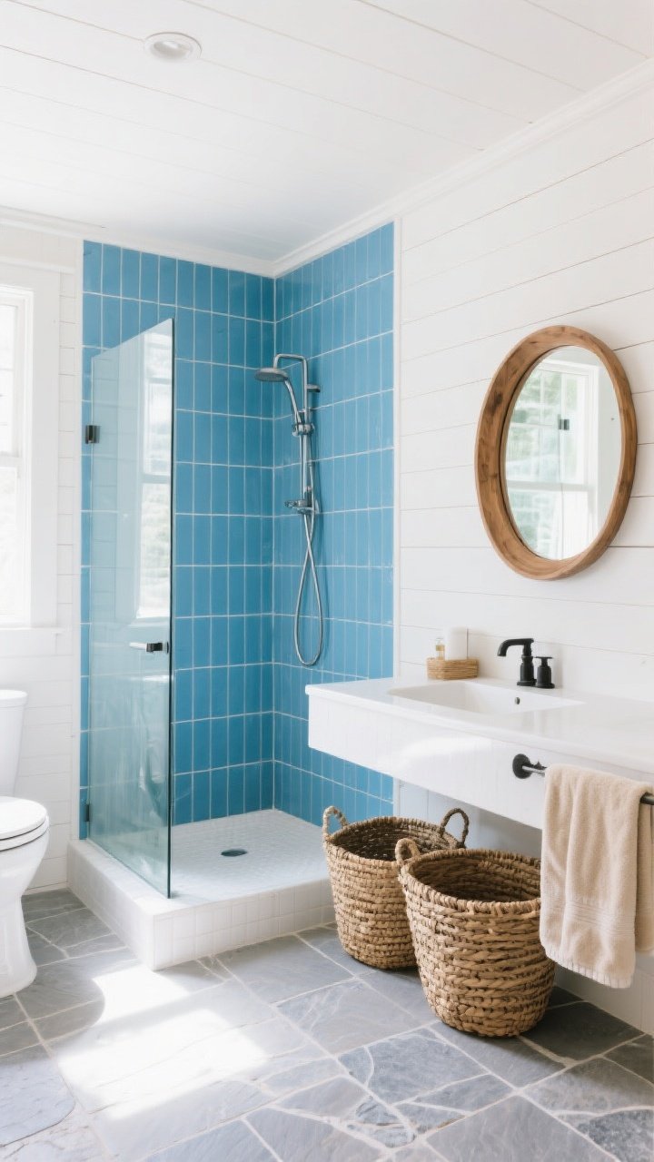 Wide shot: Breezy coastal bathroom with sky-blue ceramic subway tiles in the shower and halfway up the walls, white shiplap above, and a frameless glass shower door to showcase the blue tile; white grout for a clean, spa-like finish; soft gray porcelain floor that mimics stone; round wood-framed mirror over a simple vanity, woven baskets, and sandy-beige towels; bright, airy daylight; photorealistic, straight-on composition.