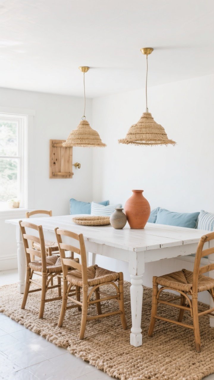 Wide shot, breezy coastal vibe: A whitewashed farmhouse dining table that brightens a compact space, paired with woven textures. Rattan or seagrass chairs around the table, a jute rug underfoot, and a pair of seagrass pendant lights overhead. Accents of soft blues in cushions or pottery, plus warmth added through a terracotta vase and a few warm wood details or brass hardware nearby. Finishes look sealed and low-maintenance. Airy daylight; photorealistic, fresh and grounded yet light.