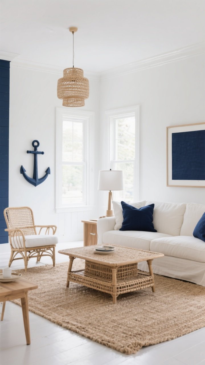 Wide shot, bright daytime interior: a living room with 60% white, 25% natural tones, 15% navy. Crisp white walls and glossy white trim form the base; a single navy anchor piece (a deep navy accent wall behind a white or oatmeal sofa, or a navy linen sofa) balances the space. Natural textures include a large jute or sisal rug, rattan coffee table, light oak side table, and a cane-back accent chair. Add white linen drum-shade lighting and a woven pendant for warmth. Repeat navy at least three times with a navy throw pillow, a navy lampshade, and a navy art frame; keep the rest in soft/off-white accents. Clean, airy, intentional coastal mood; no people; photorealistic.