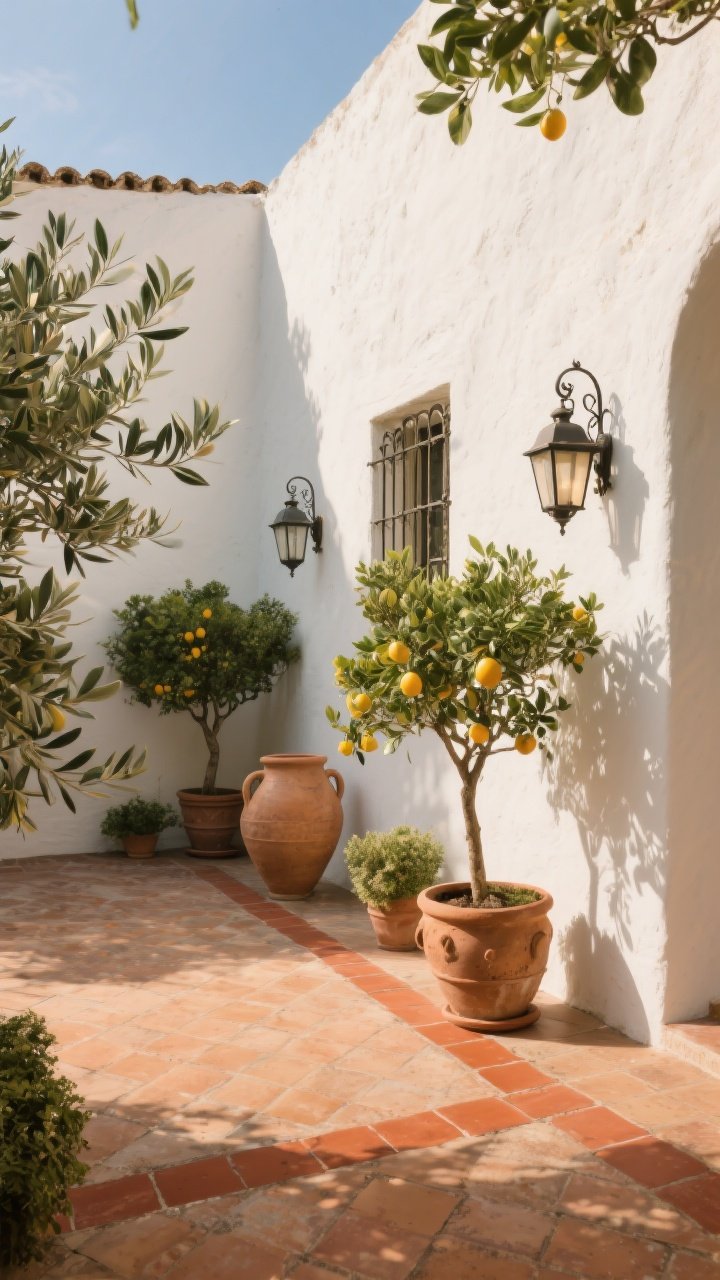 Wide shot, classic Mediterranean courtyard at golden hour: white limewashed stucco walls, lush greenery with potted olive and citrus trees, warm slightly weathered matte terracotta tiles laid on a diagonal with a contrasting terracotta trim border, wrought-iron wall lanterns, clay amphora planters; natural sunlight casting soft shadows; focus on earthy textures, patina, and relaxed elegance; photorealistic, no people.