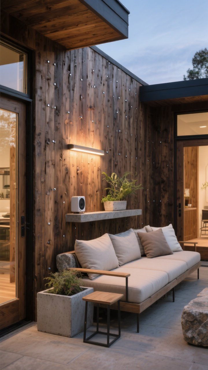 Wide shot, covered patio accent wall: outdoor-ready reclaimed cedar/teak wall with small expansion gaps and exterior-rated matte finish; stainless or coated fasteners subtly visible; seating area styled like a lounge—linen cushions on low-profile outdoor sofa, stone and concrete accents (planter and side table), a slim console/ledge on the wall holding plants and a small speaker; outdoor-rated linear light or sconce mounted on the wood for evening ambiance; cohesive tone that echoes an interior wood seen through nearby doors for indoor-outdoor flow; twilight lighting, corner perspective, photorealistic.