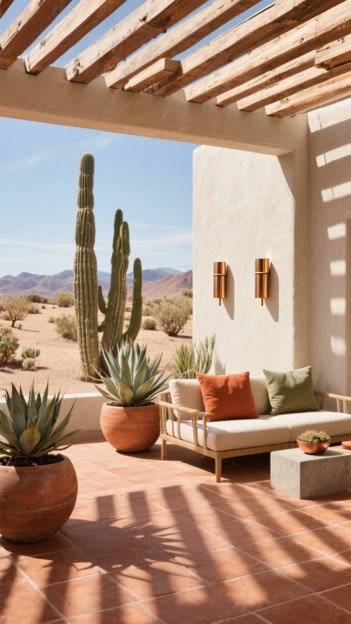 Wide shot, desert modern patio under strong sun: matte terracotta tiles, slatted pergola casting bold linear shadows across the floor, sculptural cacti and agave in chunky oversized terracotta and concrete planters, copper or brass wall sconces echoing warm metal tones, low outdoor sofa with cushions in terracotta, sand, and sage; arid, graphic, boutique-hotel vibe; photorealistic, no people.