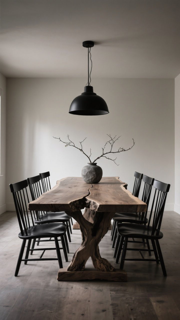 Wide shot, dramatic hero view: A raw-edge (live-edge) farmhouse dining table with a unique organic edge showcased as the star of the room. Sleek black spindle chairs or leather sling chairs keep the silhouette simple. Overhead, matte black lighting complements the table’s natural character. Minimal centerpiece—a single branch arrangement in a stone vase—sits off-center. Subtle, moody natural light with soft highlights on the live edge; photorealistic, sculptural and serene.