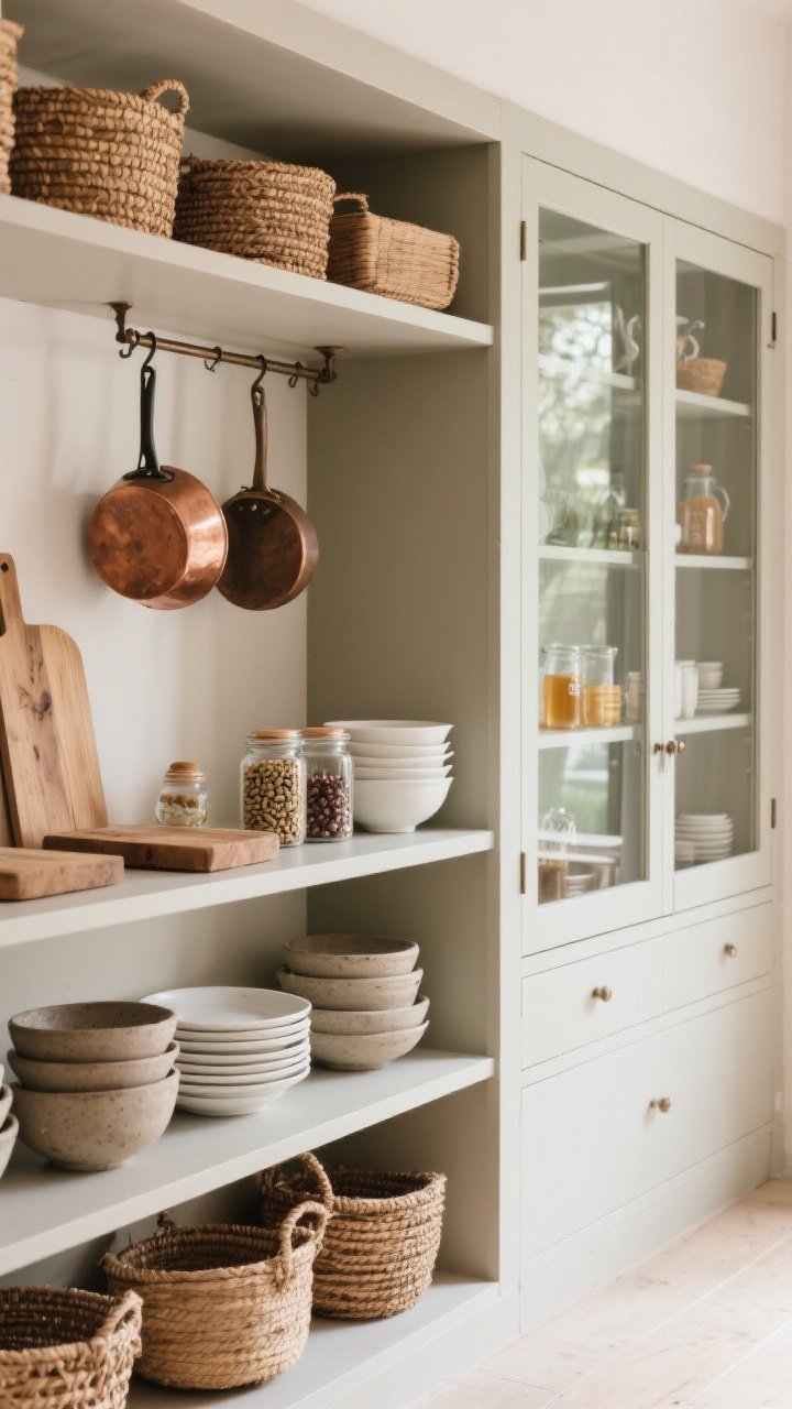 Wide shot: Edited open storage that feels natural, not cluttered. Open shelves neatly stacked with stoneware bowls, plain white dishes, and a few wood boards; adjacent glass-front cabinets displaying woven baskets, jars of beans, honey, and teas in a cohesive earthy palette. A short pot rack with two or three copper pieces. Straight-on view with soft daylight, low visual noise, restrained color story.