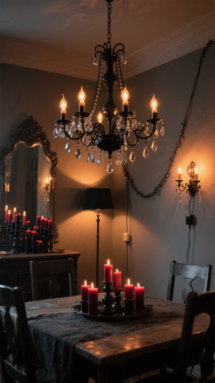 Wide shot from a corner angle of a budget gothic dining room “lit like a castle”: a thrifted ornate chandelier (wrought iron with crystal drops) centered over the table, refinished in matte black, fitted with warm, dimmable LED bulbs; flicker-effect bulbs in candelabra-style sockets; plug-in swag cord draped to a wall; layered lighting includes plug-in wall sconces with warm glow, a slim black floor lamp in the corner, and clusters of black and burgundy candles on the table; a beveled vintage mirror on the wall doubling the warm light; overall moody, candlelit ambiance with deep shadows and warm highlights; photorealistic, no people.