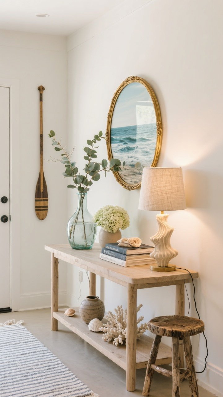 Wide shot, inviting and layered: A personalized coastal entry featuring a pale oak console anchored by a brass-framed ocean print and a round mirror. On the surface: a tall glass vase with eucalyptus branches, a linen-shaded lamp, a stack of coastal design books, and one sculptural object inspired by sea forms. Add a single vintage statement (weathered wood stool or antique oar on the wall), local hand-thrown pottery, and ethically sourced shells/faux coral. Seasonal touches: a striped runner and glass vase with hydrangeas. Keep 20–30% negative space, cords tucked, lamp shade at eye level; soft, golden 2700–3000K lighting.