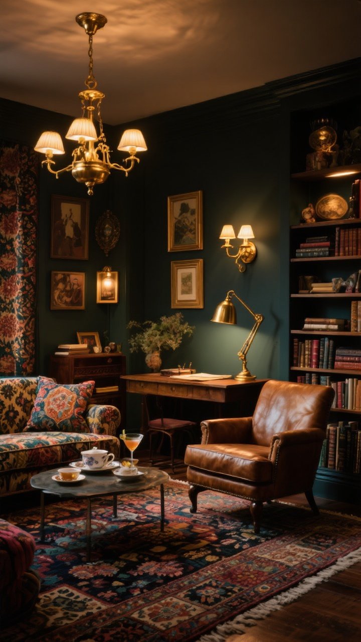 Wide shot: Layered lighting like a vintage film set in a richly patterned sitting room. Include three layers—Ambient: a brass chandelier or semi-flush providing overall warmth; Task: a brass pharmacy lamp by a leather reading chair and a swing-arm brass sconce above a writing desk; Accent: petite brass picture lights over art and bookcases spotlighting treasures. All lights on dimmers with varied intensities, moody warm scene from “tea time” to “cocktails at midnight,” maximalist mix of rugs, books, and textiles, no people, photorealistic.