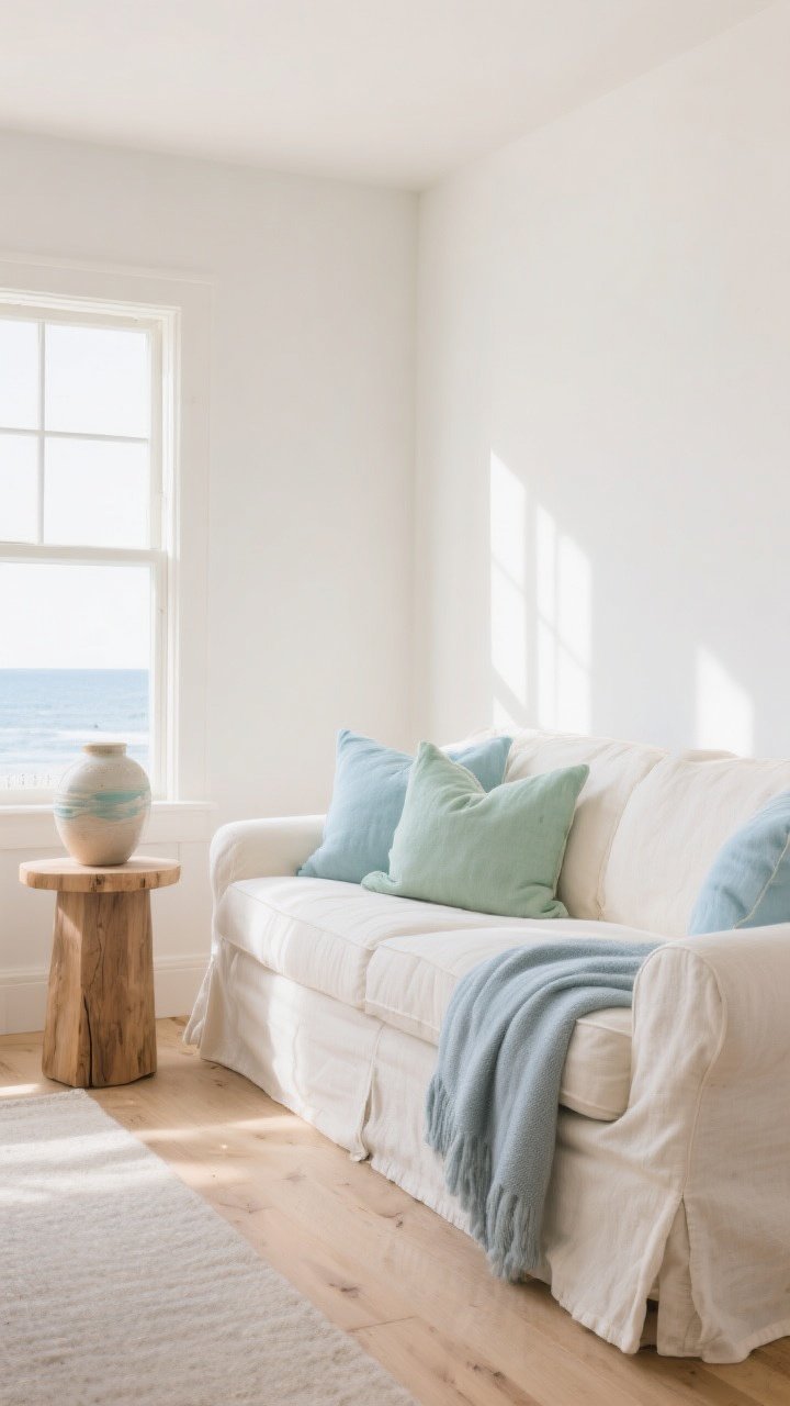 Wide shot of a coastal living room bathed in soft natural daylight, walls painted warm white, a linen slipcovered sofa in cream, accents in sandy beige and soft sky blue with a whisper of sea-glass green in throw pillows and a ceramic vase, natural oak side table, pale gray-blue accent throw, light wood floors; calm, airy mood with light bouncing gently around, no neon colors