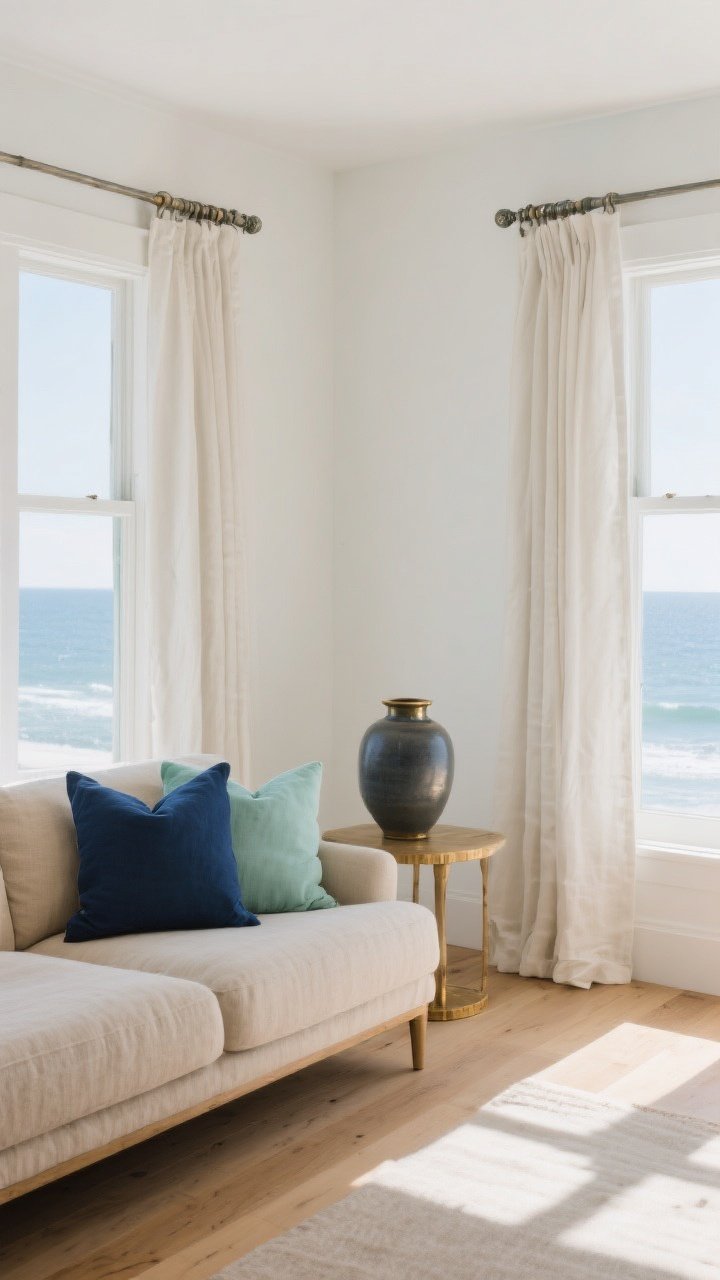 Wide shot of a coastal living room in soft daylight, featuring off-white walls, a linen sofa in warm oat/flax tones, and accents in sea glass green and powdery blue; include a deep navy pillow and a moody slate ceramic vase for contrast, brushed brass or aged pewter metal finishes on curtain rods and a side table base, light oak floor, and a calm, ocean-inspired palette that feels sun-washed and serene.