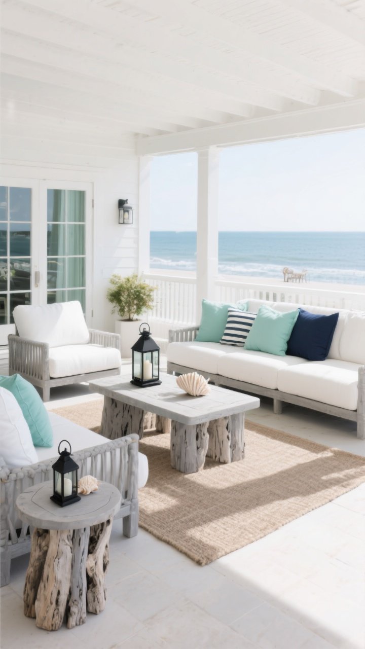 Wide shot of a coastal patio styled around a cohesive color palette: base tones of white, ivory, and pale gray on large furniture pieces, with accents in sea glass green, navy, and muted teal; driftwood-gray side tables and a hint of matte black in lantern frames; crisp white cushions and taupe rug unify the scene; bright natural daylight, clean and calm mood, no seashell motifs, photorealistic.