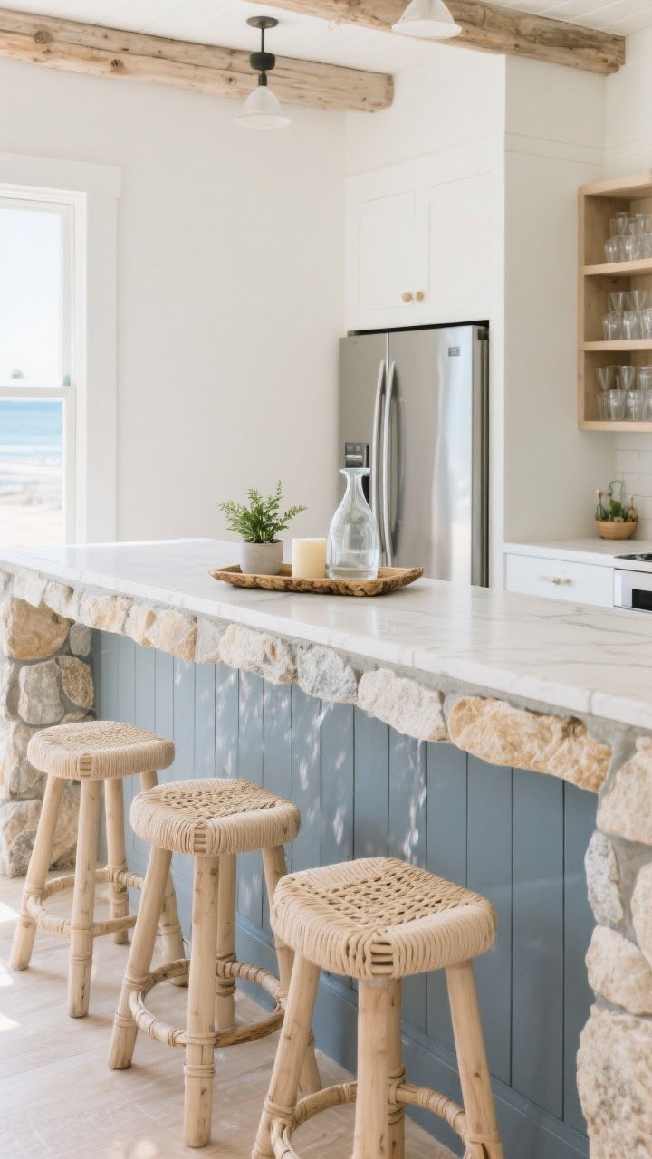 Wide shot of a coastal-styled kitchen island like a beach bar: waterfall-edge stone wrapping down both sides, stools in light wood with woven seats upholstered in sandy, easy-clean fabric, a natural tray on the island corraling a small plant, candle, and glass carafe; the island base painted in muted blue-gray with subtle drama; a beverage nook in the background with a slim fridge and open cubbies for glassware; bright, relaxed daylight.