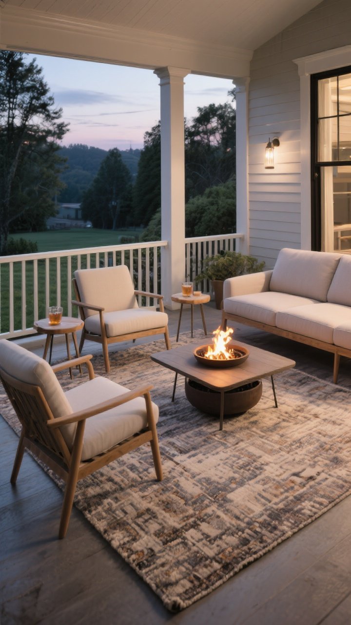 Wide shot of a conversation nook: two chairs, a small sofa, and a low table clustered on a generously sized rug with all front legs on the rug; furniture floated away from the porch railing for an airy feel; small side tables at each seat for drinks; a compact tabletop fire bowl centered on the low table, flickering at dusk; inviting, relaxed mood, photorealistic.